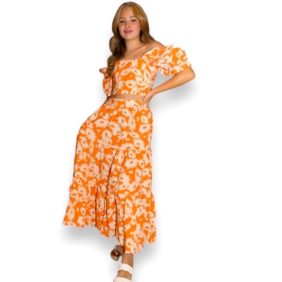 KARLIE Flowy Tiered Orange Blossom Floral Flowy Maxi Ruffle Skirt w POCKETS NWT - Picture 4 of 16